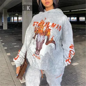 Fashion printed European and American loose long-sleeved hooded sweater women