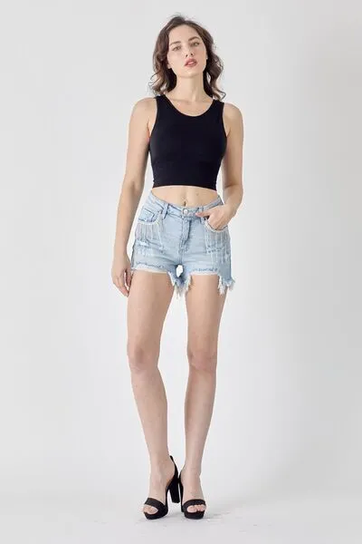 Frayed Hem Denim Shorts with Fringe Detail Pockets