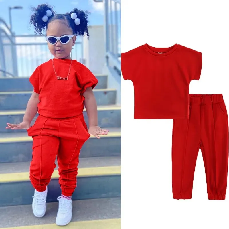 Girls 2 Piece Sets Cotton Solid T-shirt Elastic Waist Pants*