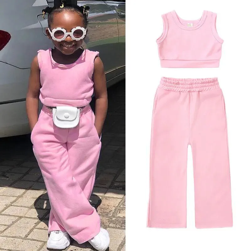 Girls 2 Piece Sets Cotton Solid T-shirt Elastic Waist Pants*