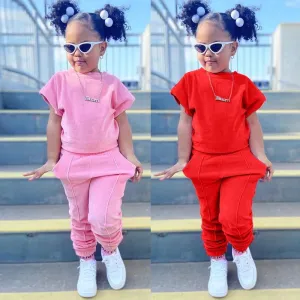 Girls 2 Piece Sets Cotton Solid T-shirt Elastic Waist Pants*