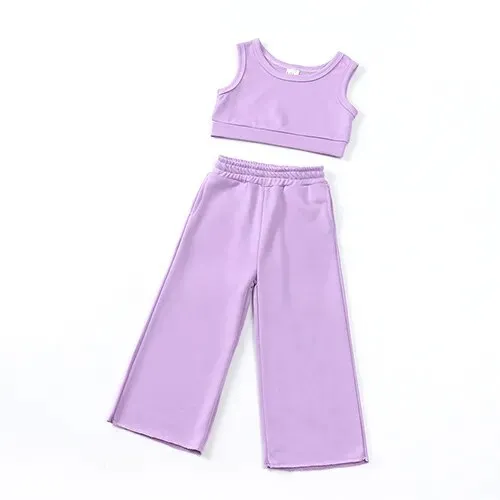 Girls 2 Piece Sets Cotton Solid T-shirt Elastic Waist Pants*