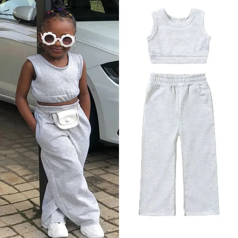 Girls 2 Piece Sets Cotton Solid T-shirt Elastic Waist Pants*