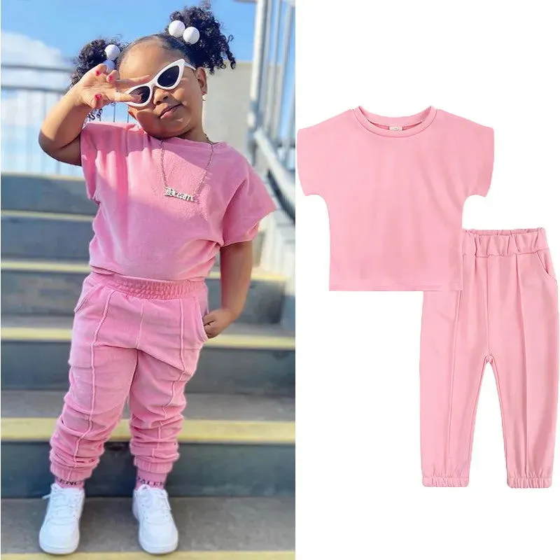 Girls 2 Piece Sets Cotton Solid T-shirt Elastic Waist Pants*