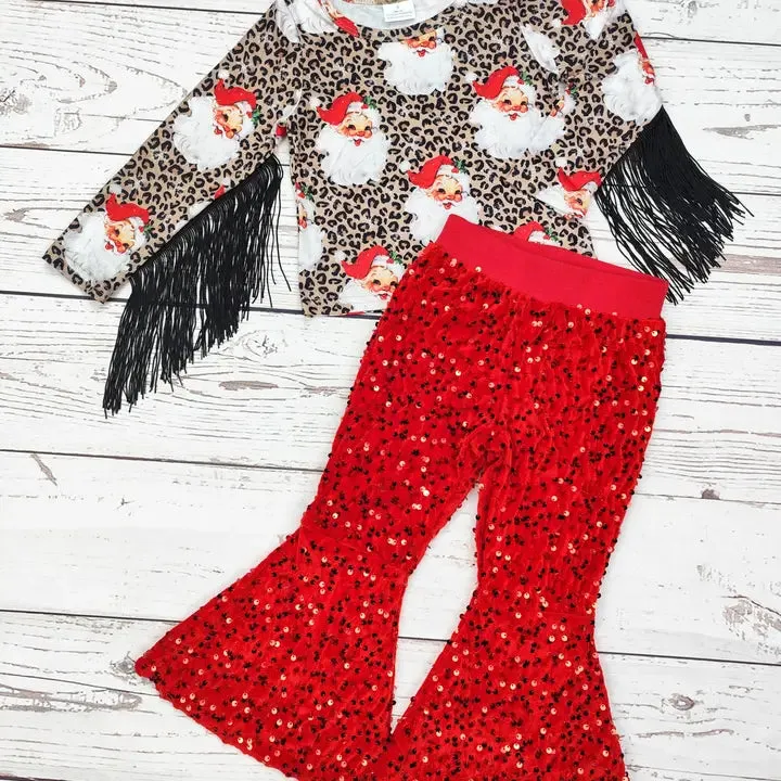 Girls Cheetah Fringe Christmas Sequin Pants Set