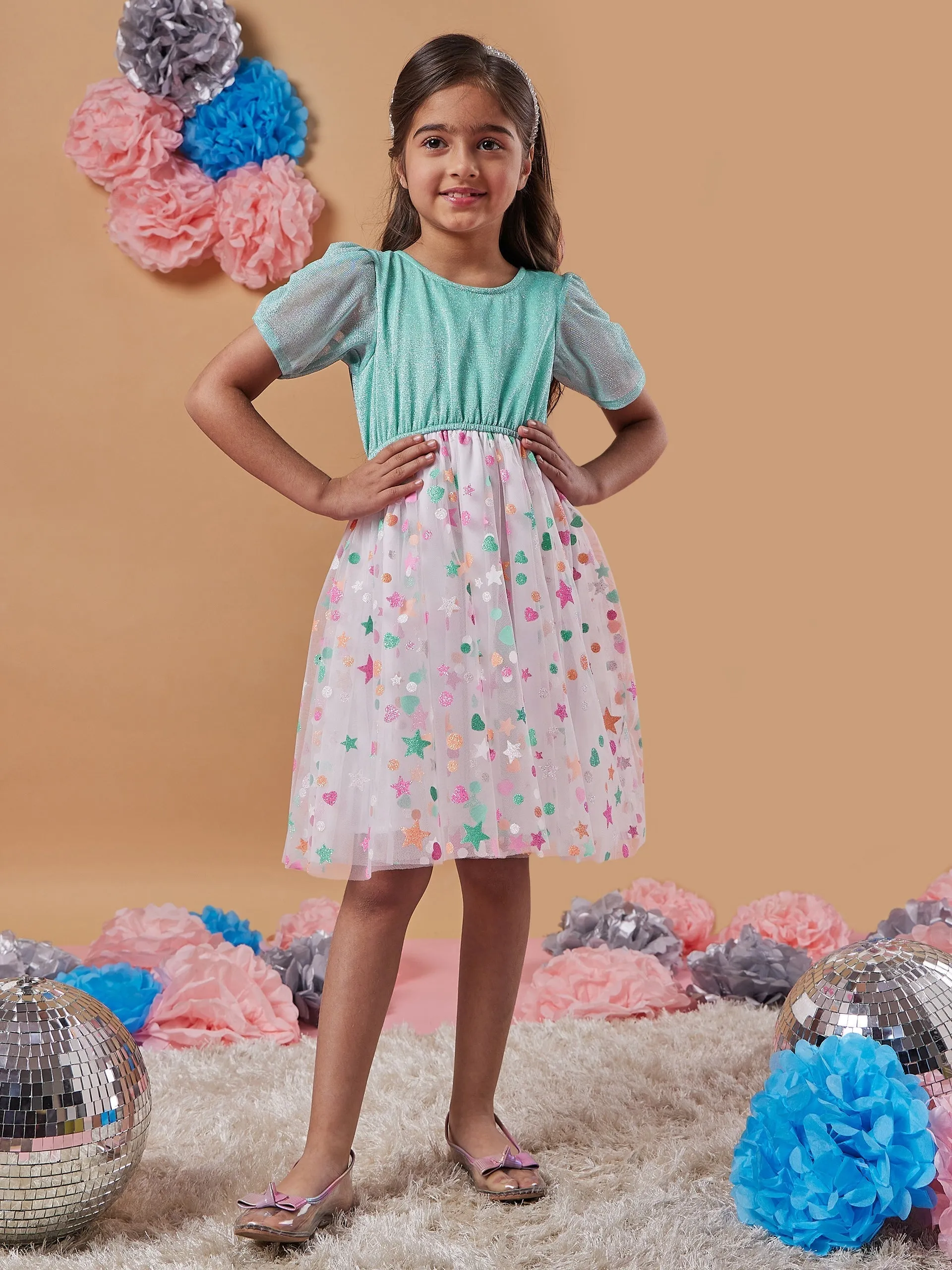 Girls Polka Dot Printed Net A-Line Dress - PS Peaches