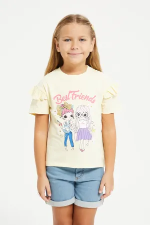 Girls Yellow Frill Short Sleeve And 3D Embellishment T-Shirt