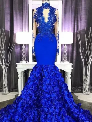 High Neck Royal Blue 3D Roses Long Prom Dresses, Mermaid Prom Dresses, Long Sleeves Prom Dresses