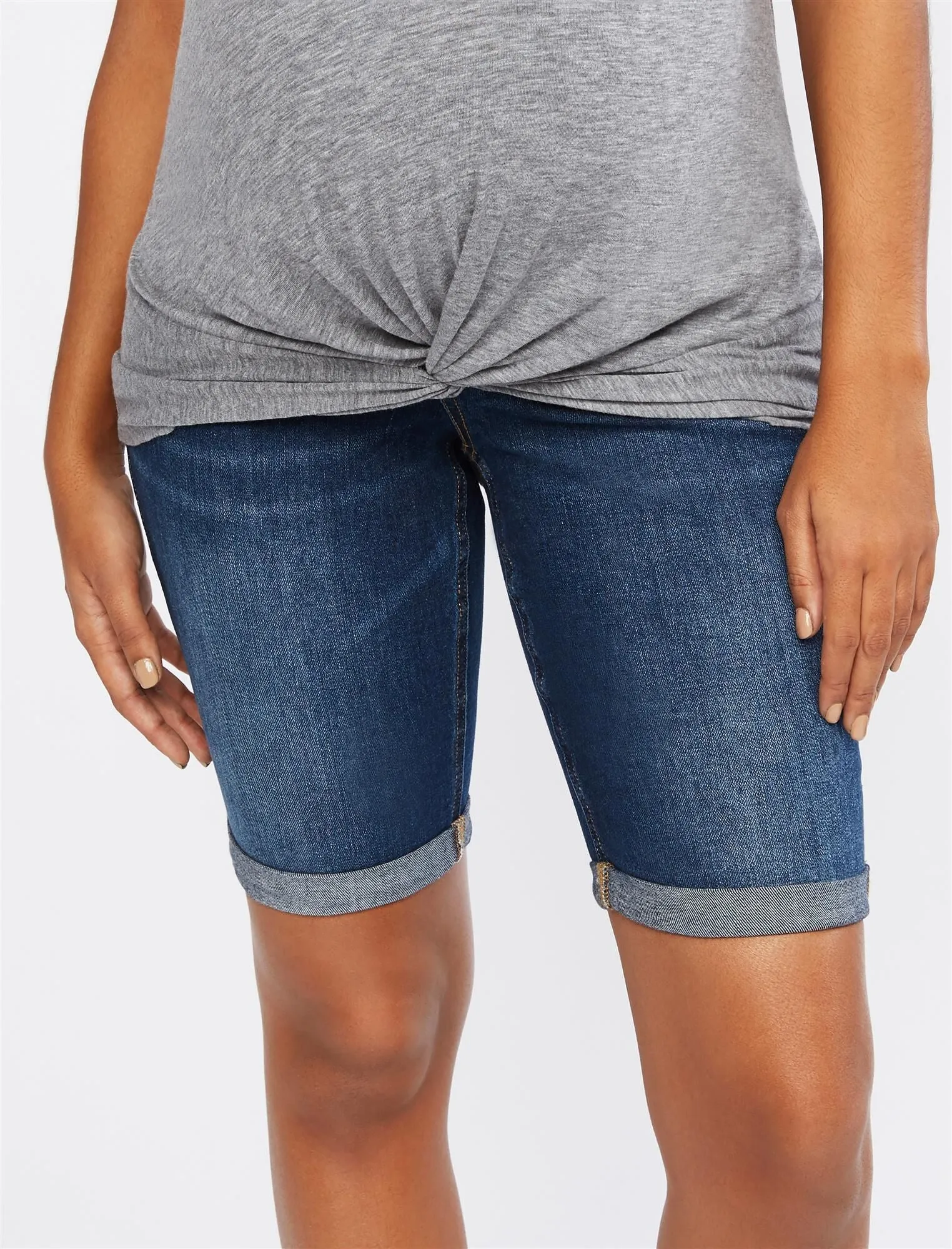 Indigo Blue Secret Fit Belly Bermuda Roll Hem Maternity Shorts in Dark Wash