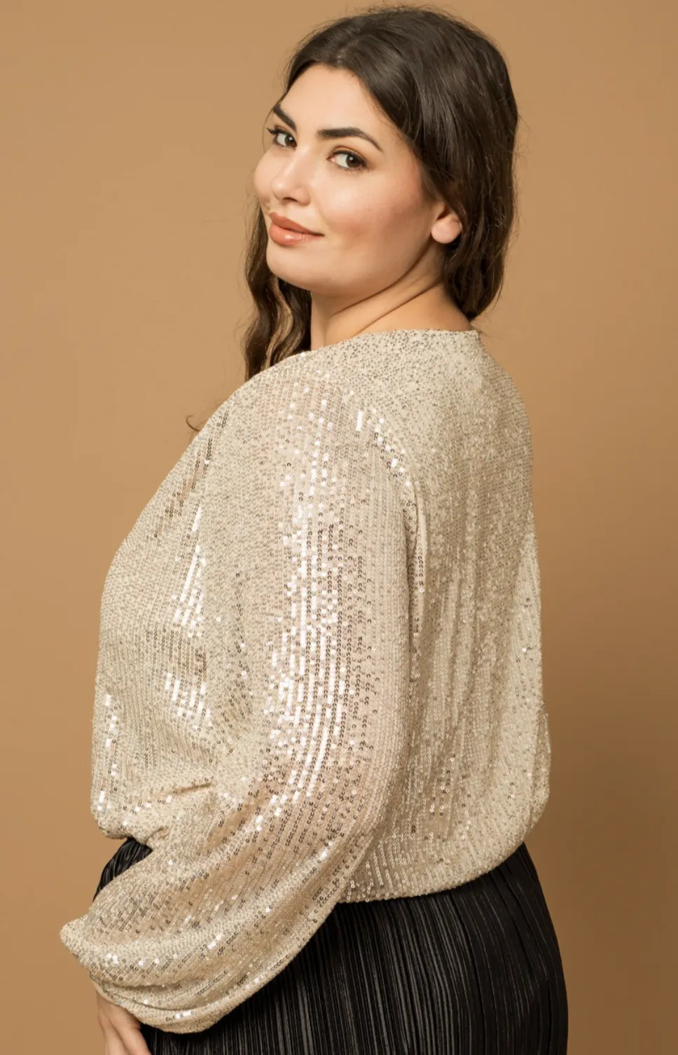 Juniper Long Sleeve Sequin Bodysuit in Beige - FINAL SALE