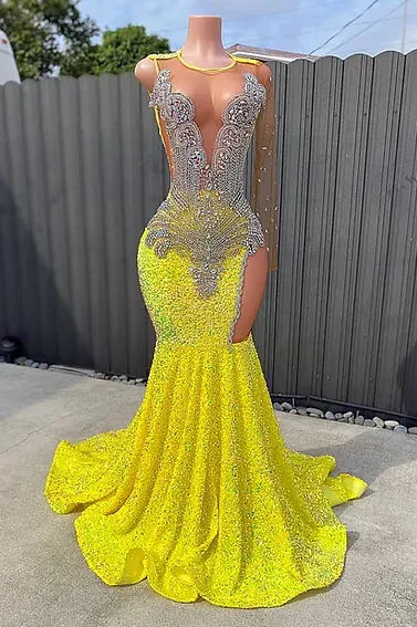 kamahe Round neck Silver Beaded Mermaid Yellow Sequin Prom Dresses