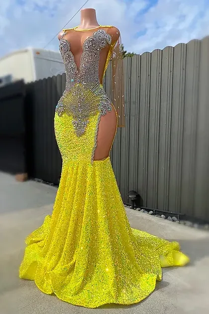 kamahe Round neck Silver Beaded Mermaid Yellow Sequin Prom Dresses