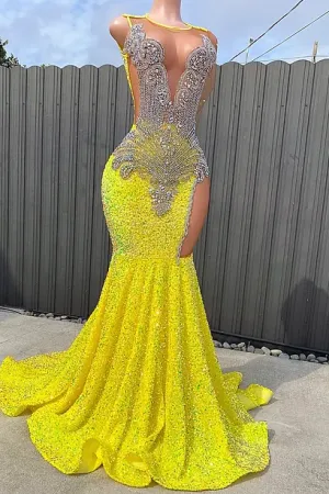 kamahe Round neck Silver Beaded Mermaid Yellow Sequin Prom Dresses