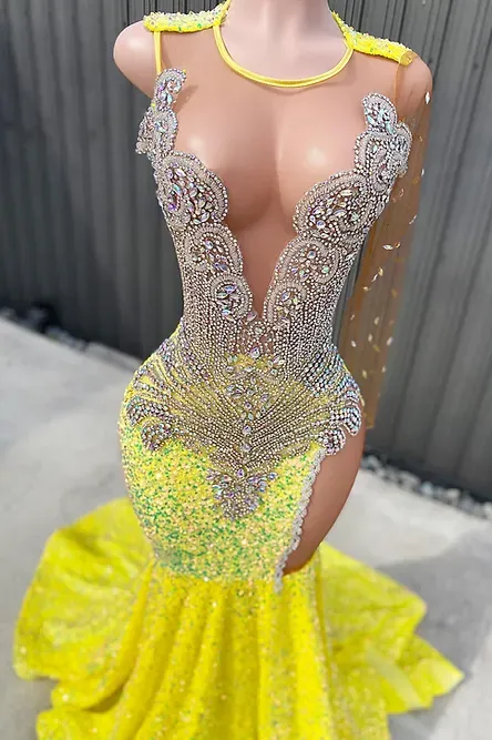 kamahe Round neck Silver Beaded Mermaid Yellow Sequin Prom Dresses