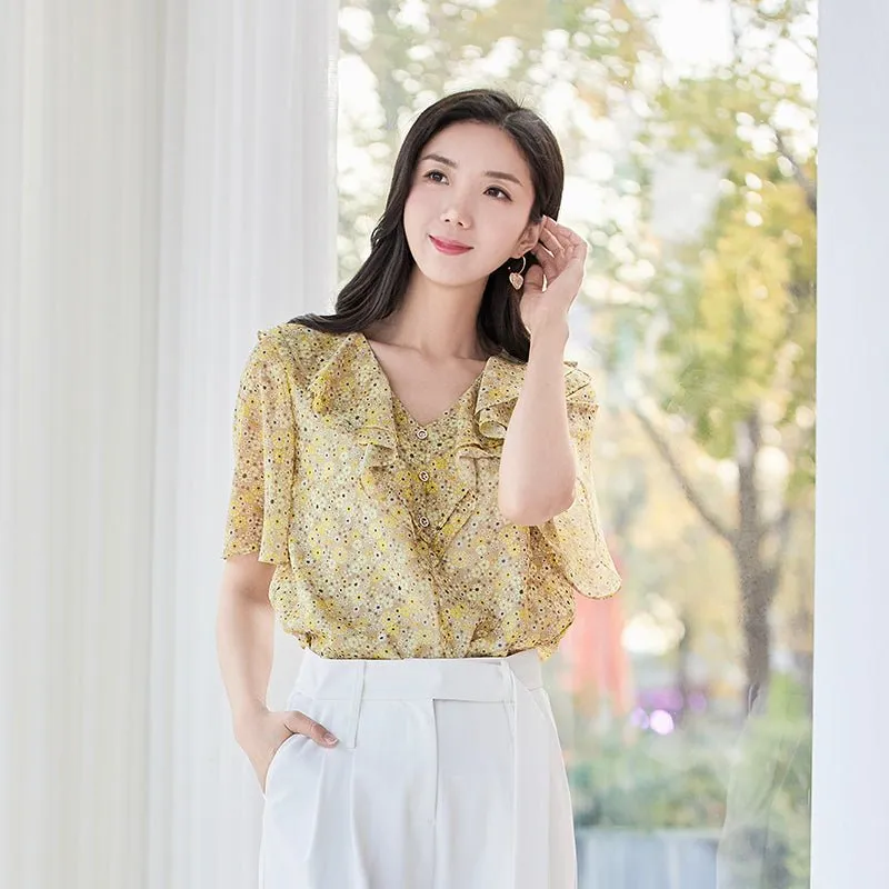 Light Yellow Short Sleeve Floral T-shirt