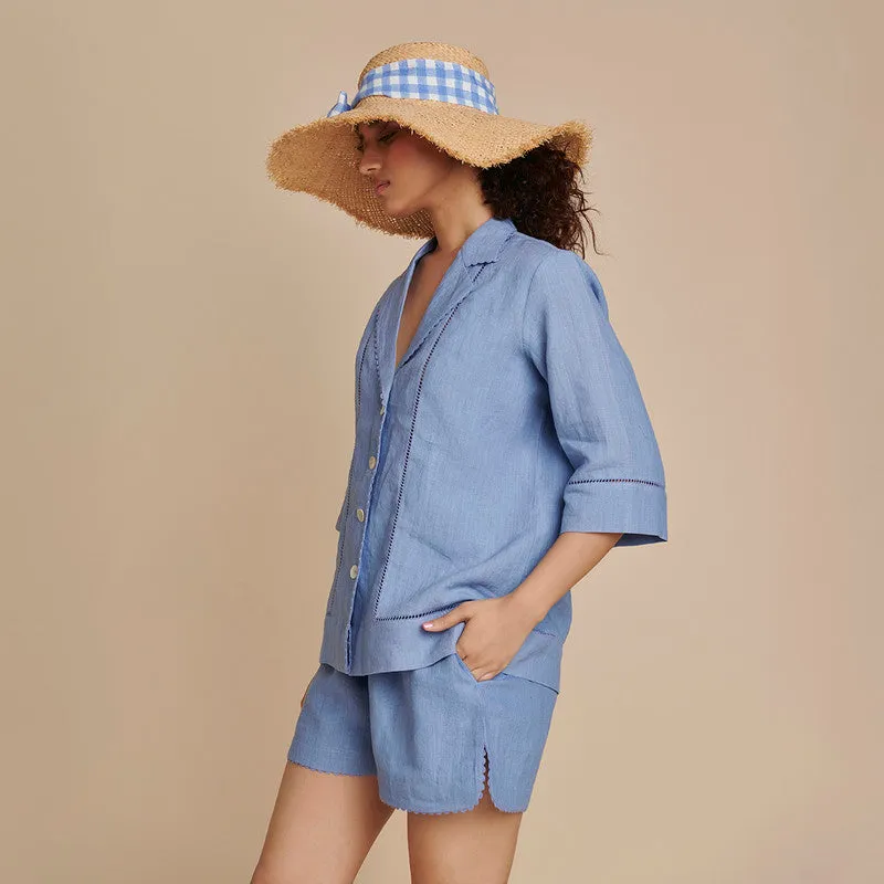 Linen Blue Co Ord Set for Women | Shirt & Shorts