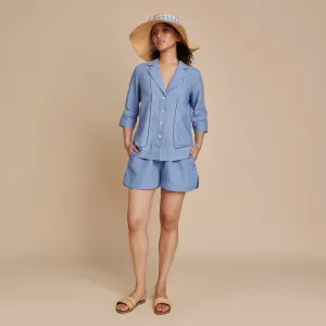 Linen Blue Co Ord Set for Women | Shirt & Shorts