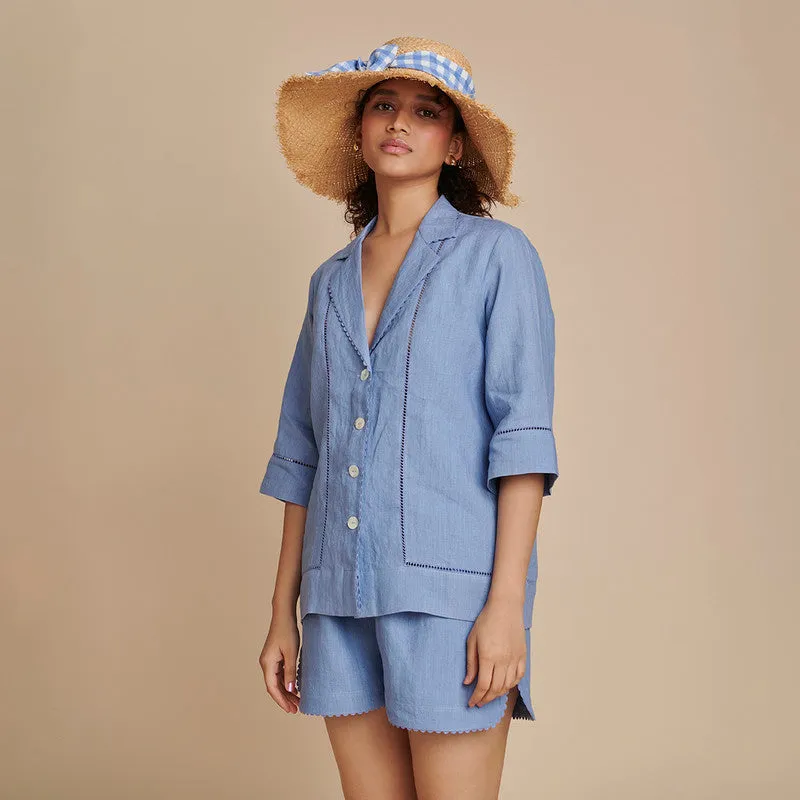 Linen Blue Co Ord Set for Women | Shirt & Shorts