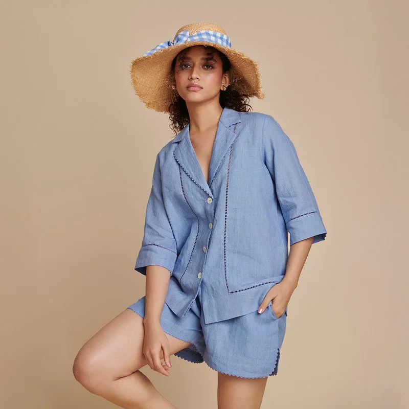 Linen Blue Co Ord Set for Women | Shirt & Shorts