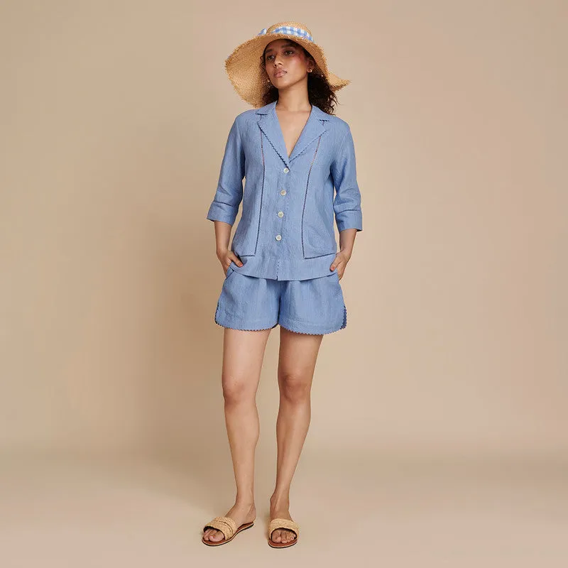 Linen Blue Co Ord Set for Women | Shirt & Shorts