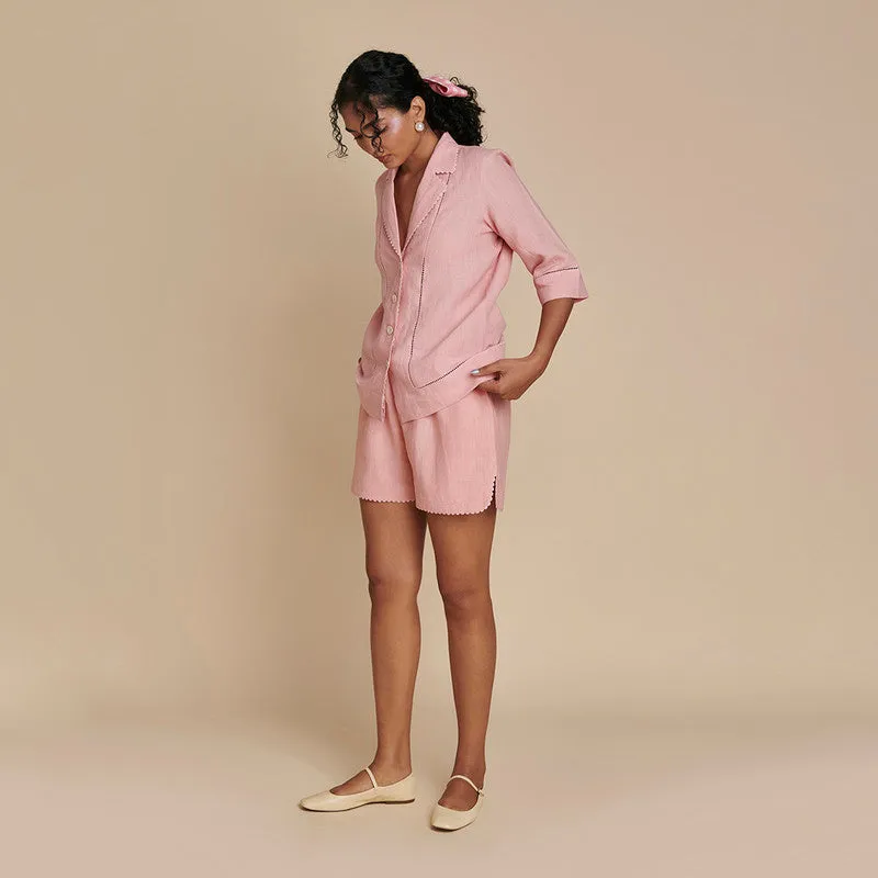 Linen Pink Co Ord Set for Women | Shirt & Shorts