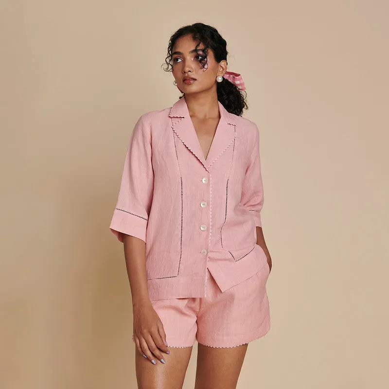 Linen Pink Co Ord Set for Women | Shirt & Shorts