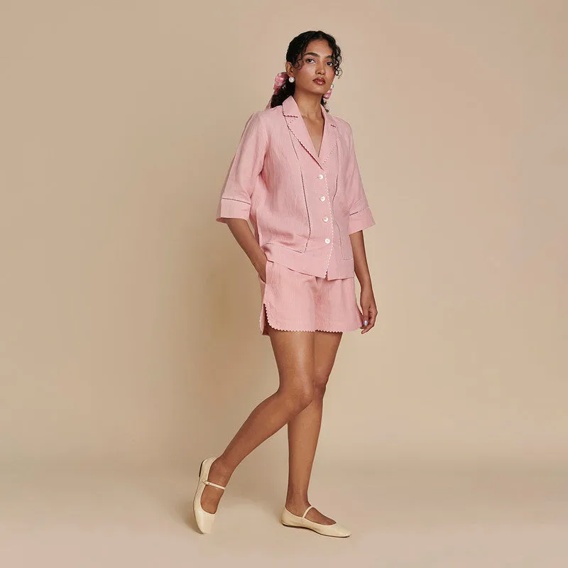 Linen Pink Co Ord Set for Women | Shirt & Shorts