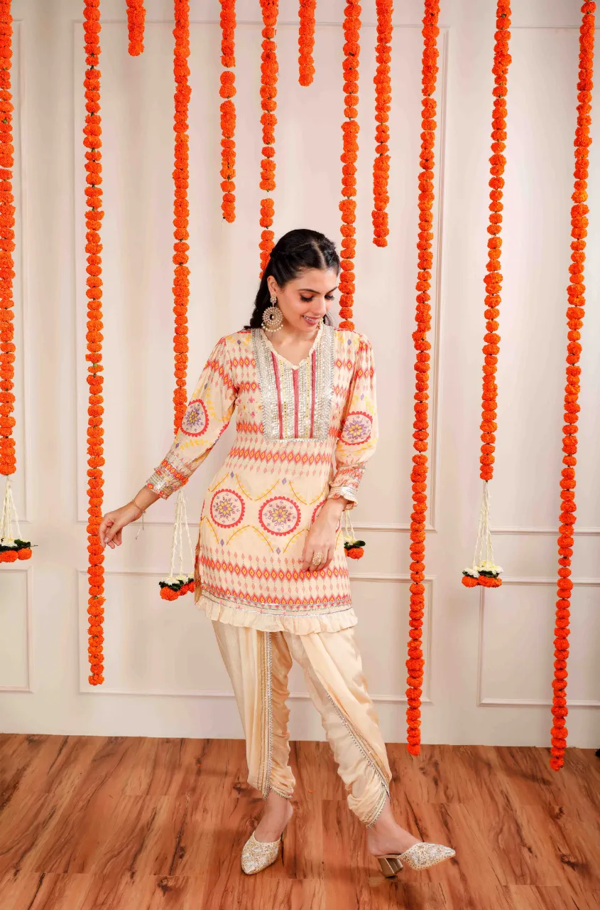 MATARGASHTI - Beige Tribal Print Short Kurta With Tulip Pants