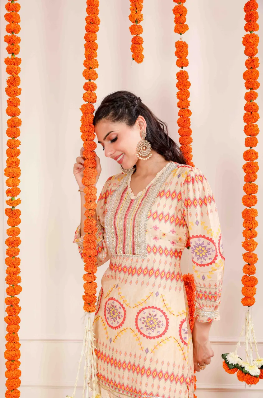 MATARGASHTI - Beige Tribal Print Short Kurta With Tulip Pants