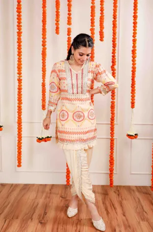 MATARGASHTI - Beige Tribal Print Short Kurta With Tulip Pants