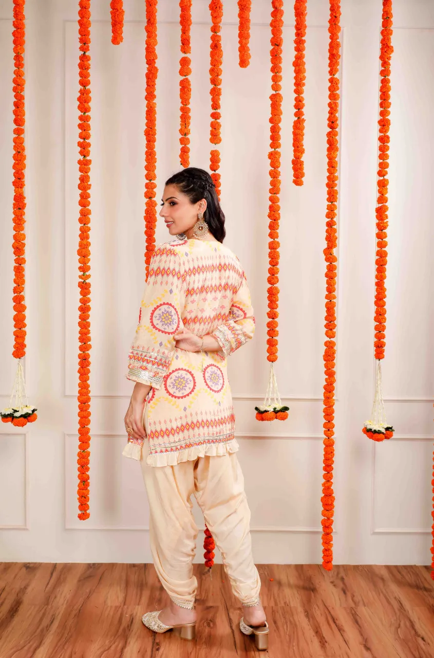 MATARGASHTI - Beige Tribal Print Short Kurta With Tulip Pants