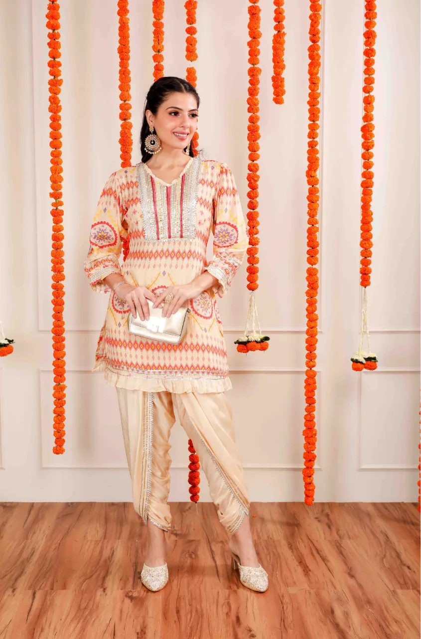 MATARGASHTI - Beige Tribal Print Short Kurta With Tulip Pants