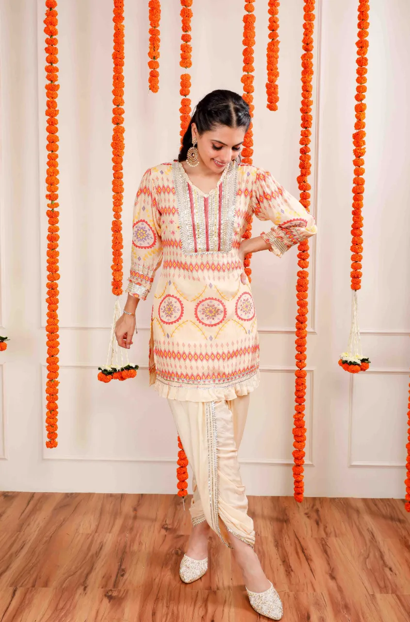 MATARGASHTI - Beige Tribal Print Short Kurta With Tulip Pants