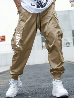 Men's Letter Print Cargo Pants With Multiple Pockets