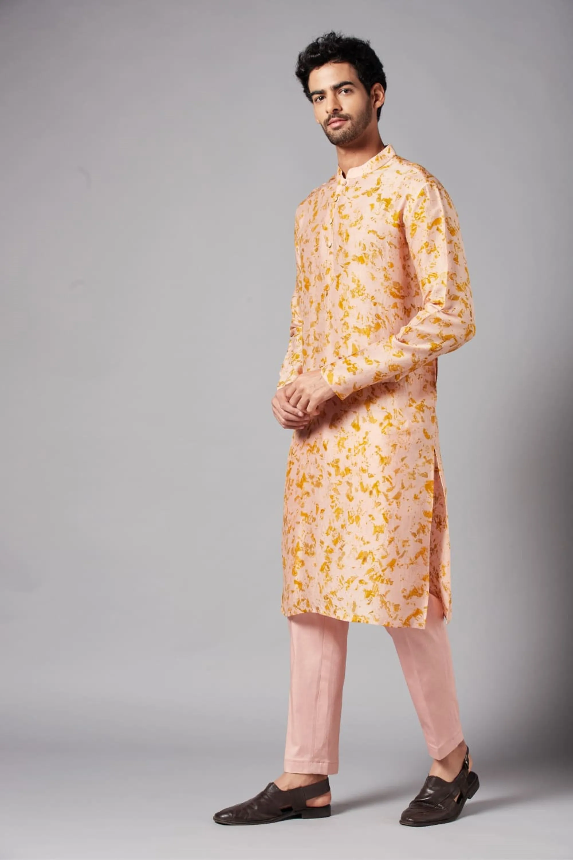 Men's Peachy Natural Dye Kurta With Crop Pants Coord Set Of Marigold Flowers - Hilo Design