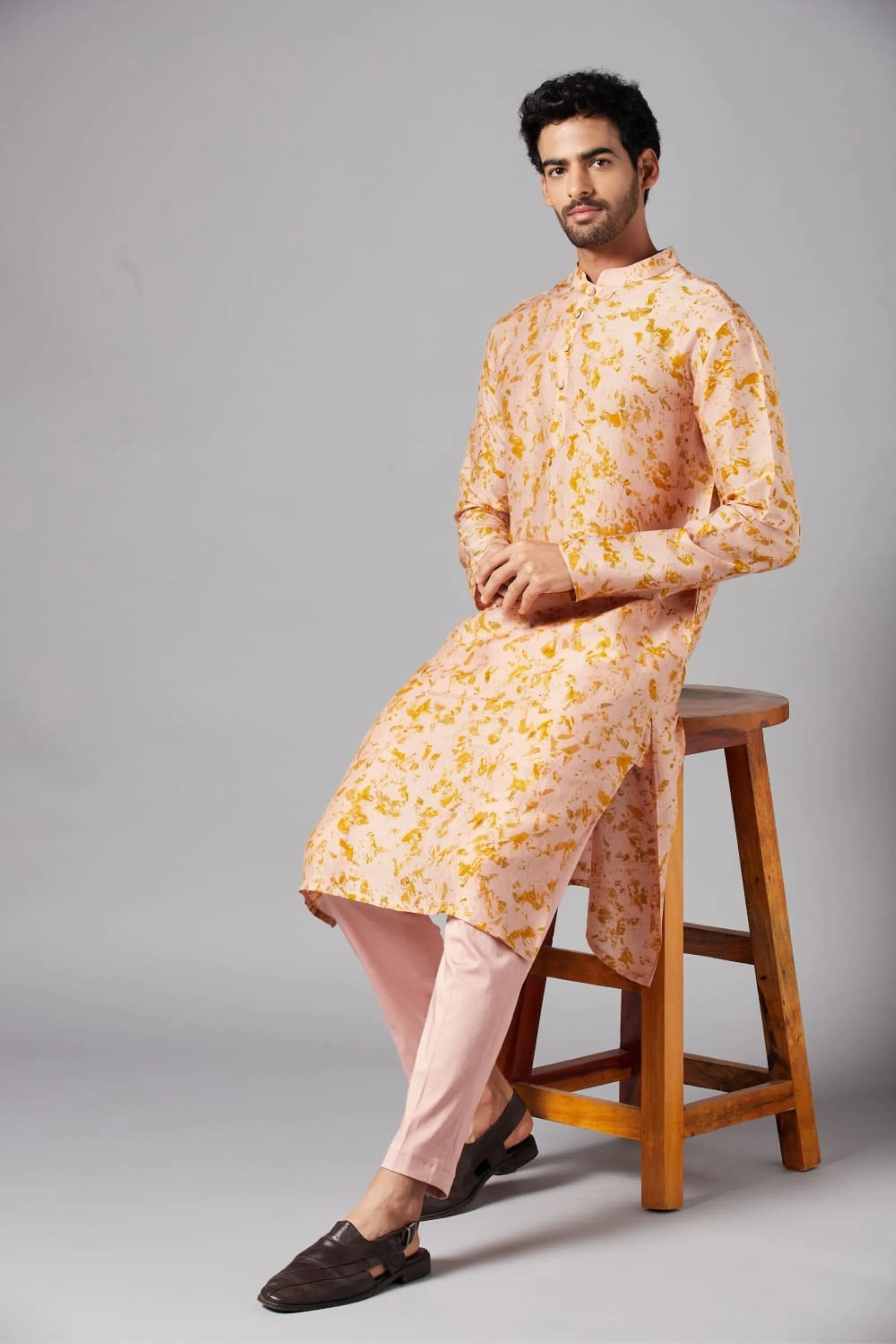 Men's Peachy Natural Dye Kurta With Crop Pants Coord Set Of Marigold Flowers - Hilo Design