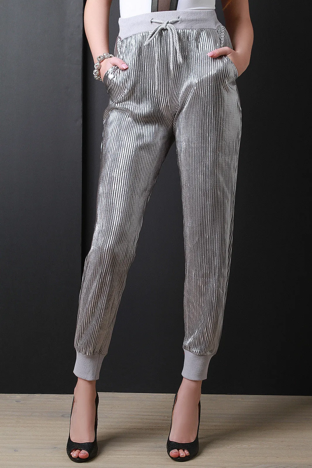 Metallic Accordion Jogger Pants