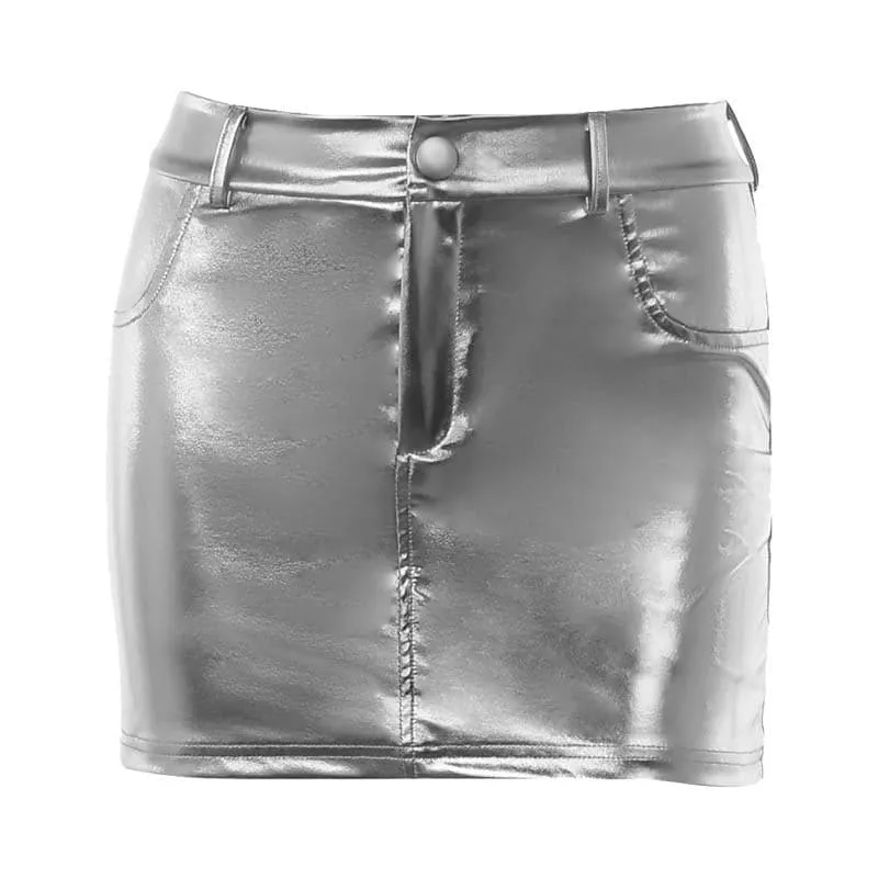 Metallic solid pocket high rise mini skirt