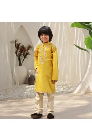 Mustard Yellow Glace Cotton Kurta With Beige Pant Set