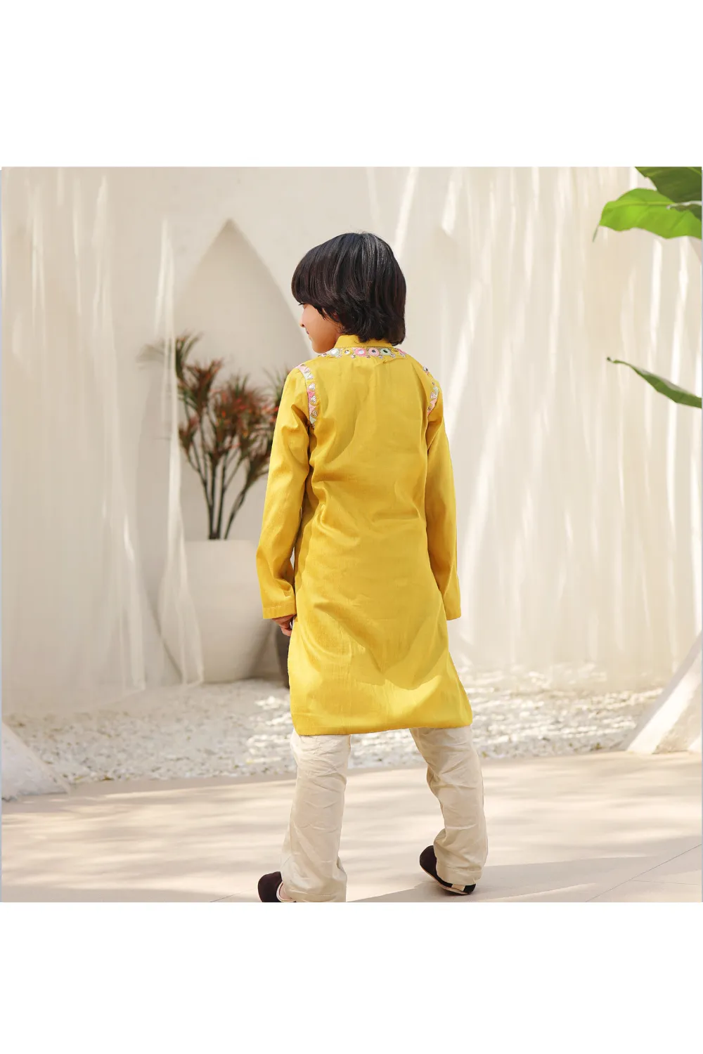 Mustard Yellow Glace Cotton Kurta With Beige Pant Set