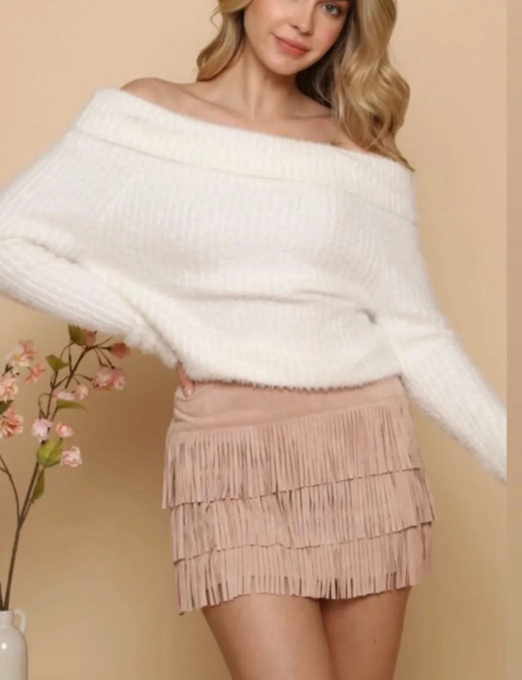 Nashville Faux Suede Fringe Skirt: Blush