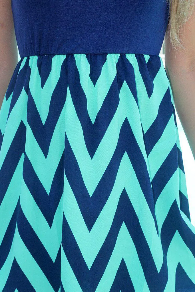 Navy and Mint Chevron Sleeveless Short Dress