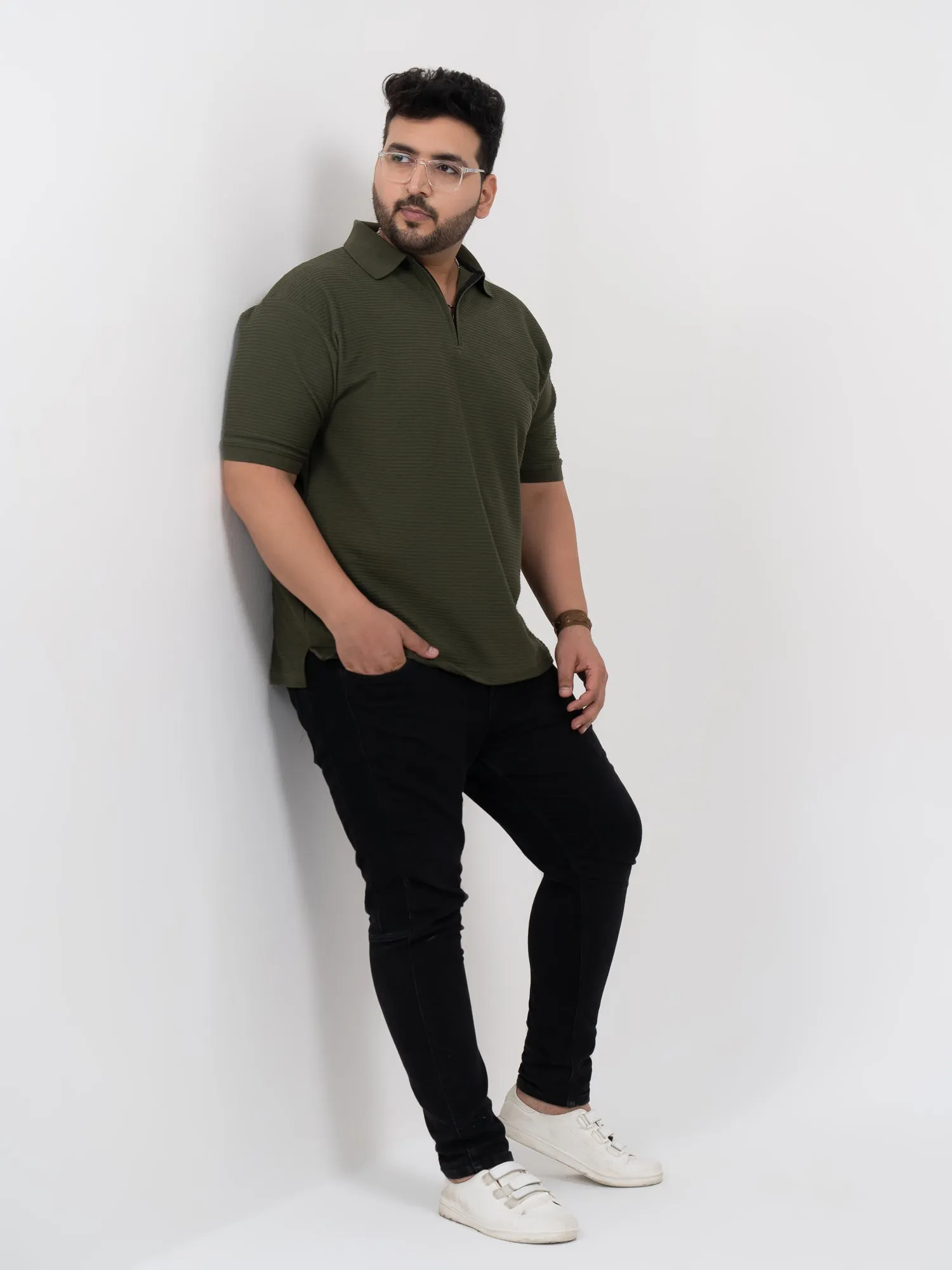 Olive Interlock Zipper Knitted Polo T-shirt