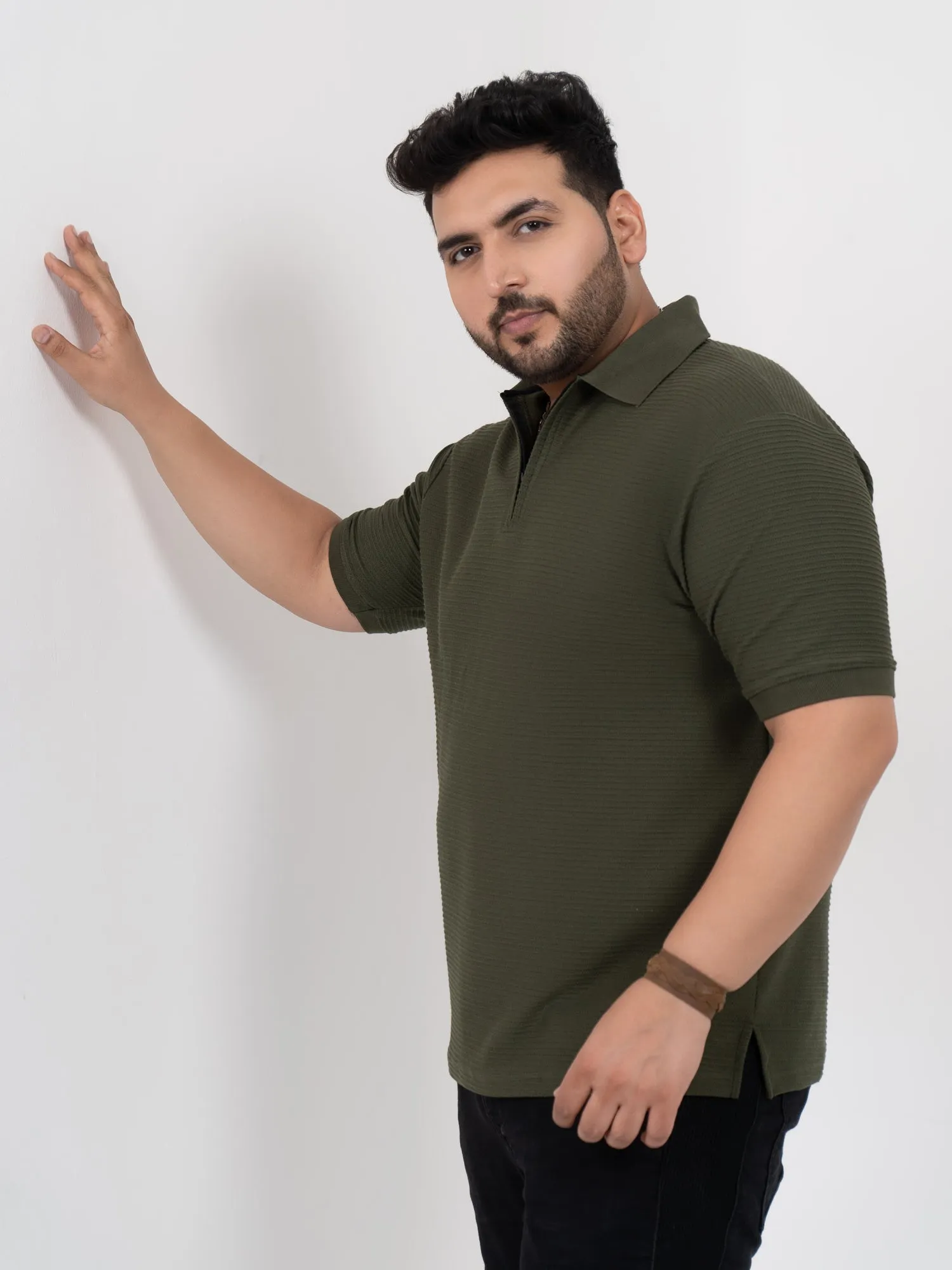 Olive Interlock Zipper Knitted Polo T-shirt