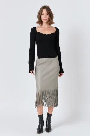 Pu Fringe Pencil Midi Skirt