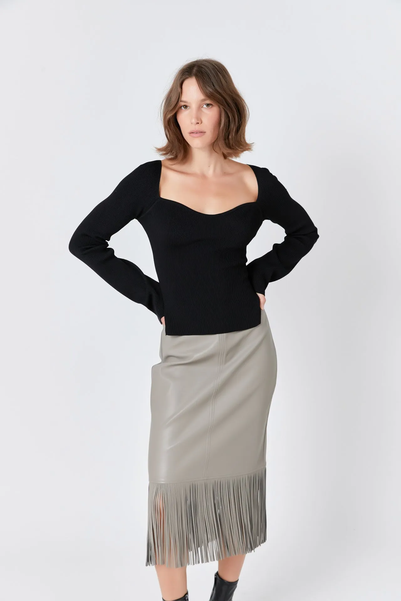 Pu Fringe Pencil Midi Skirt