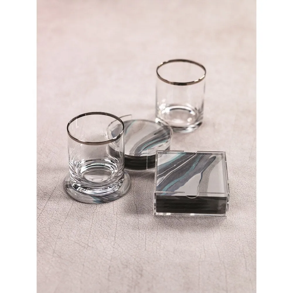 "Aqua Lagoon" Agate Coasters with Holder, Square Shaped (Set of 6)