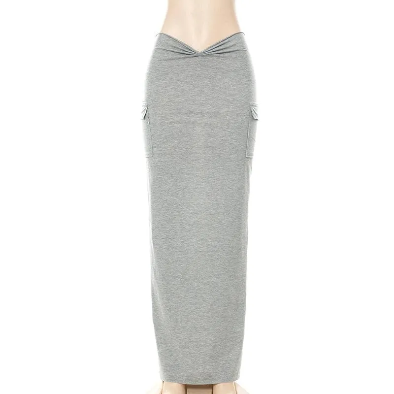 Ruched slit solid pocket high rise midi skirt