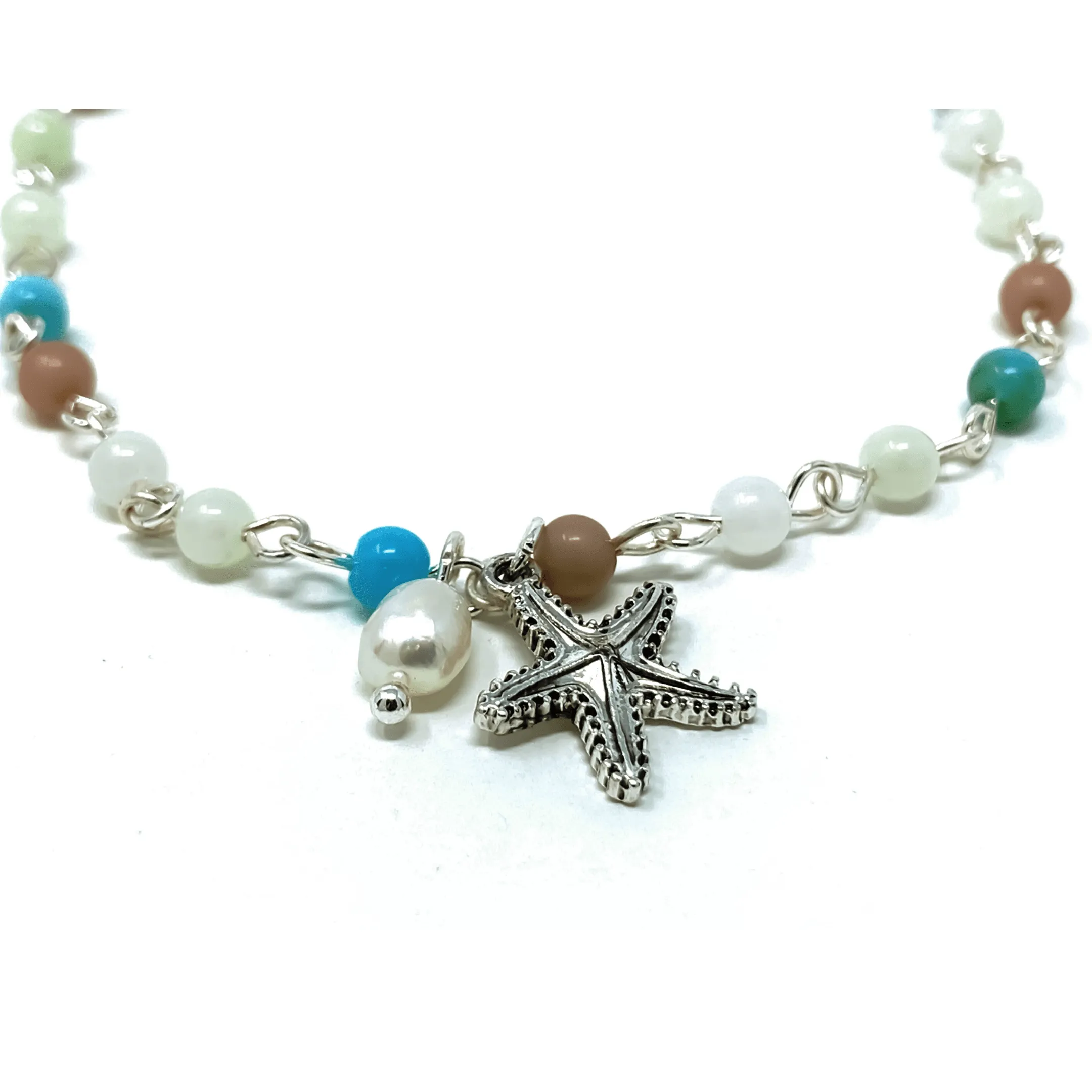 Silver Starfish Beaded Anklet Bracelet