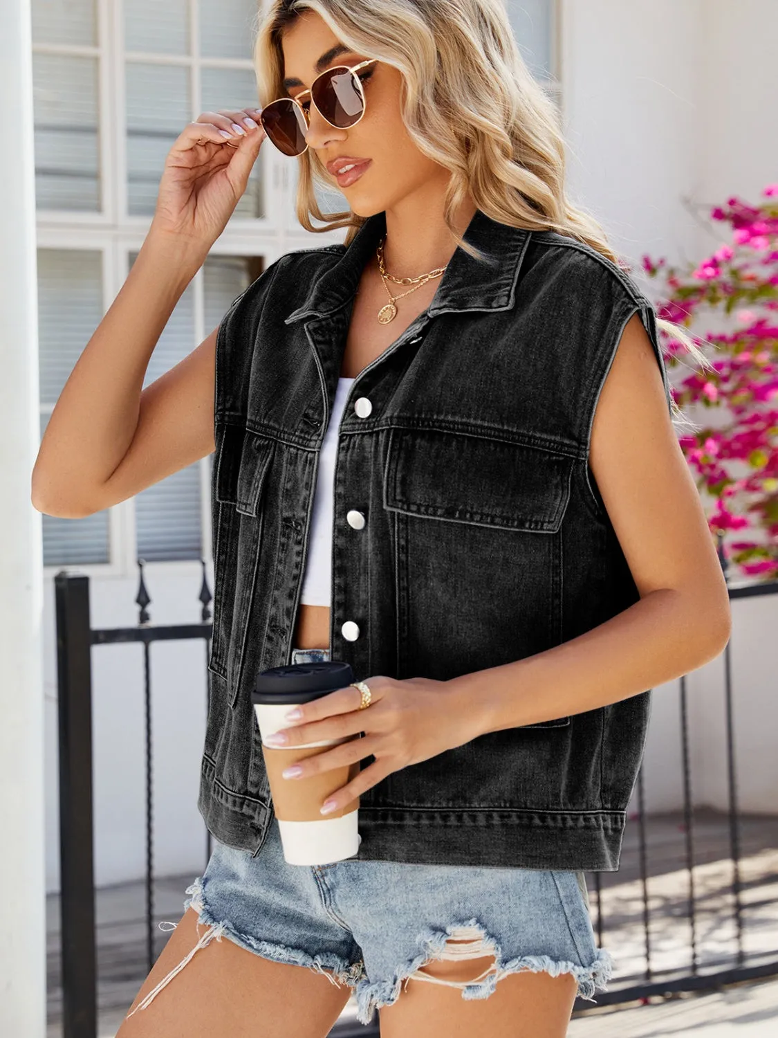 Sleeveless Denim Jacket Pocketed Button Up Jean Vest